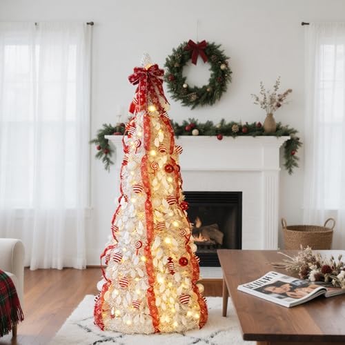 VINGLI 6ft Pop up Artificial Christmas Pine Tree with 100 Warm White Lights, Xmas Tree Holiday Party Decorations with Sturdy Metal Stand (Red&White)