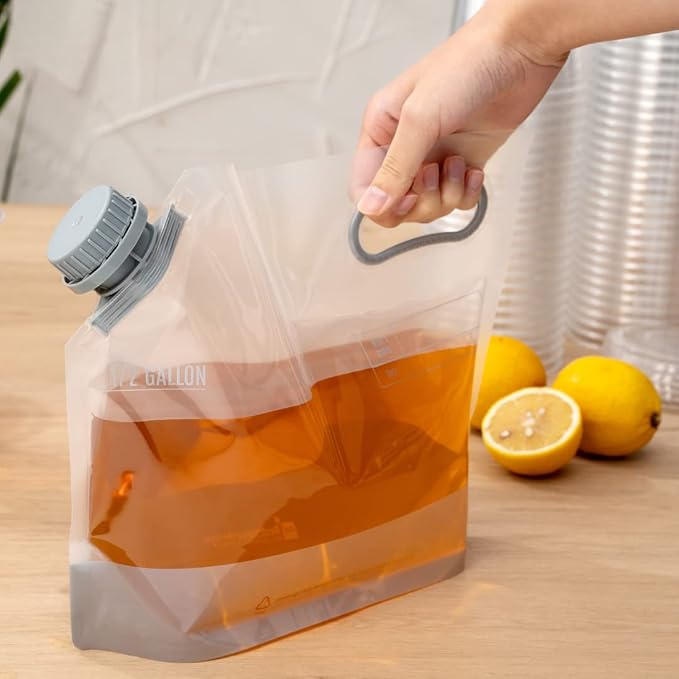 Restaurantware Cater Tek 1/2 Gallon Water Containers 2 Drink Bags - Collapsible Includes Tamper-Evident Caps Clear Plastic Beverage Bags For Catered Events Camping or Hiking Durable Handle