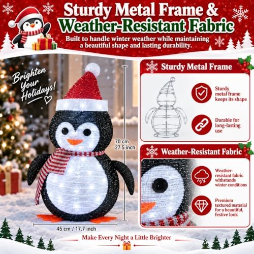 27.5-Inch Lighted Christmas Penguin for Outdoor Christmas Decorations, Pop-Up Penguin Yard Decor with 45 Cool White LEDs, Battery-Operated Timer, Collapsible Metal Frame for Porch and Lawn