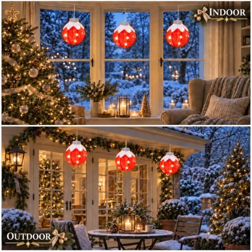 Christmas Light Balls Outdoor, Lighted Hanging Ornaments, Red