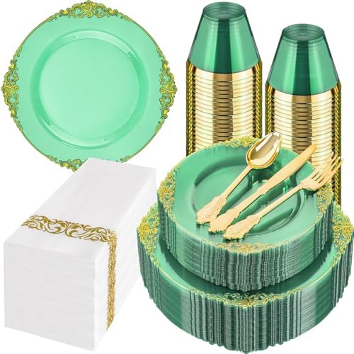 Hioasis 350 Pcs Green Gold Plates for Party