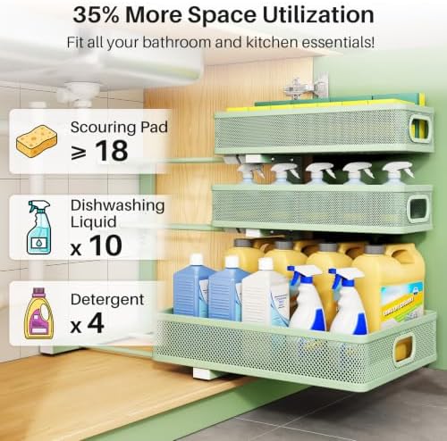 Kitstorack Under Sink Organizer, 1-Pack 3-Tier Height Adjustable Thickened Metal Pull out Cabinet Organizer Shelf, Slide out Storage Drawer Rack for Bathroom Kitchen Pantry Home Organization, Green