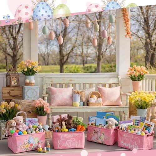 CHENGU 6 Pack Easter Storage Bin Collapsible Cute Easter Basket for Gift Large Pink Bunny Eggs Holiday Decor Rabbit Hunny Bunny Basket Foldable Farmhouse Flower Box with Handle for Bedroom Office Home