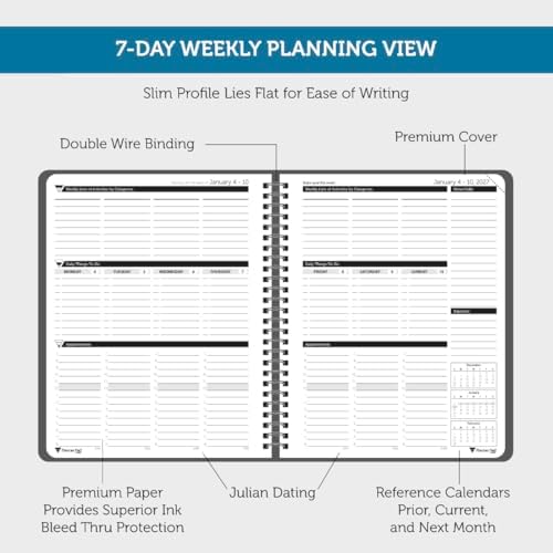 Planner Pad Spiral Bound January-December 2027/ Calendar Year 6 3/4" x 8 1/2" Medium 3-Tier Funnel Down 12 Month/Weekly Organizer, Black Cover/Black Ink