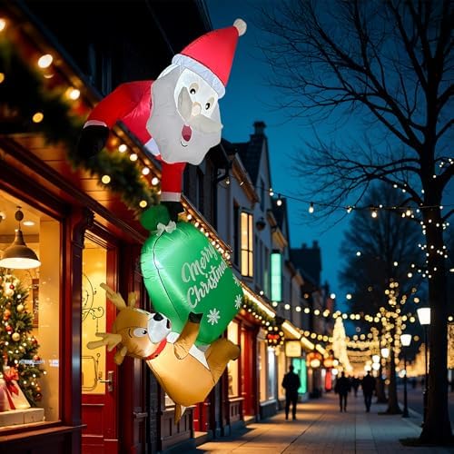 OurWarm 8FT Hanging Christmas Inflatable Outdoor Decoration, Climbing Santa Claus Inflatable with Reindeer Persent Bag, Christmas Blow Ups Outdoor Built-in LED Lights for Xmas Yard Trees Windows Eaves