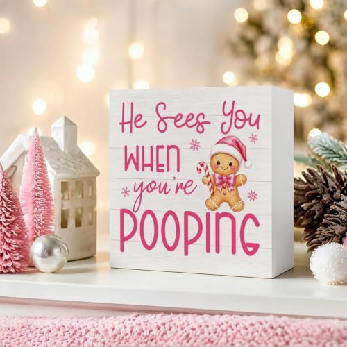 Pink Christmas Bathroom Decor Funny Gingerbread Christmas Wooden Box Sign