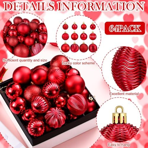 Lunmon 64 Pcs Red Christmas Ornaments Luxury Red Xmas Bulbs
