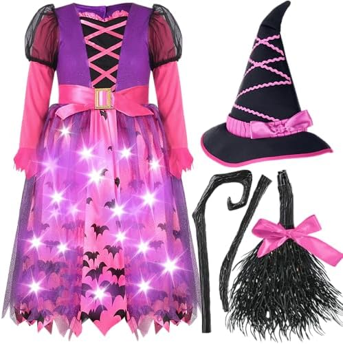 Spooktacular Creations Light Up Polka Dots Witch Tutu Costume for Girls Toddlers Starry Witch Dress with Magic Hat and Broom