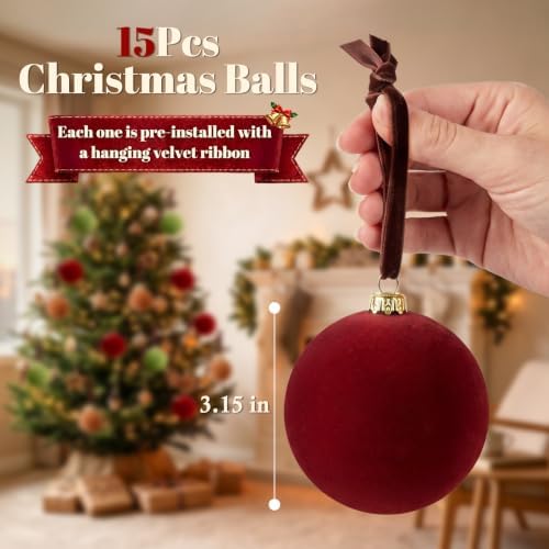TOWPONICS 15 Pcs Velvet Christmas Tree Ornaments, 3.15 Inch Red Green Brown Velvet Ornaments for Christmas Tree, Flocked Ornaments Balls for Family Holiday Wedding Party Xmas Hanging Decoration