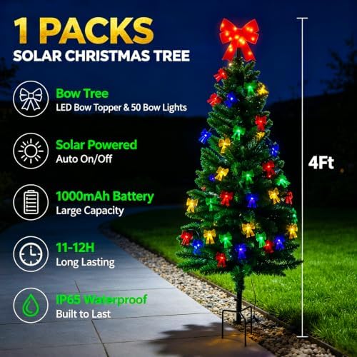 4FT Solar Christmas Tree with Bow Lights for Outdoor Christmas Decorations