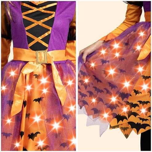 Spooktacular Creations Light Up Polka Dots Witch Tutu Costume for Girls Toddlers Starry Witch Dress with Magic Hat and Broom