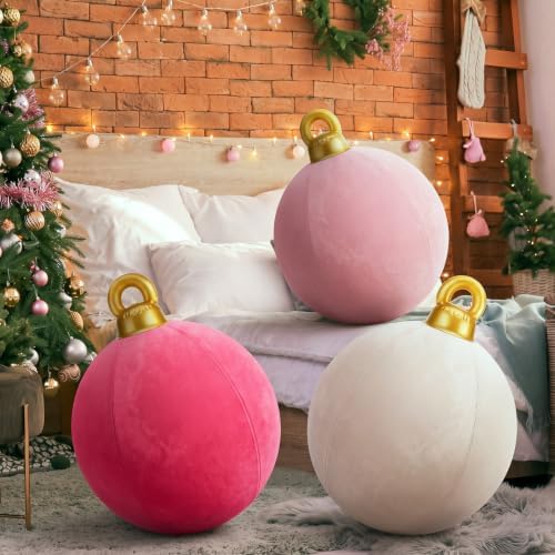 3 Pcs 32 Inch Velvet Christmas Inflatable Balls, Hot Pink, Blush, Beige
