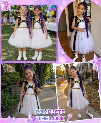 Halloween Costume Girls Pop Singer Costume Kids Cosplay Outfit Dress with Purple Braid Tattoo for Birthday Party