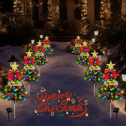 Christmas Tree Solar Pathway Lights Outdoor Decor, 4 Pack, Green