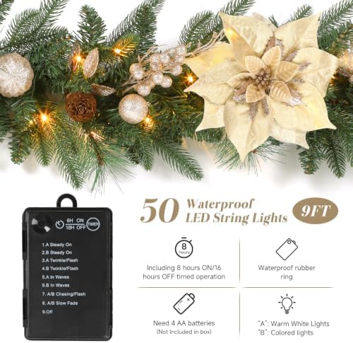 SHareconn 9FT Prelit Christmas Garland Decorations with Multi-Color LED Lights, Battery-Operated Timer, Lighted Garland with Ball Poinsettia for Mantle Table Fireplace Stairs Railing Indoor Decor
