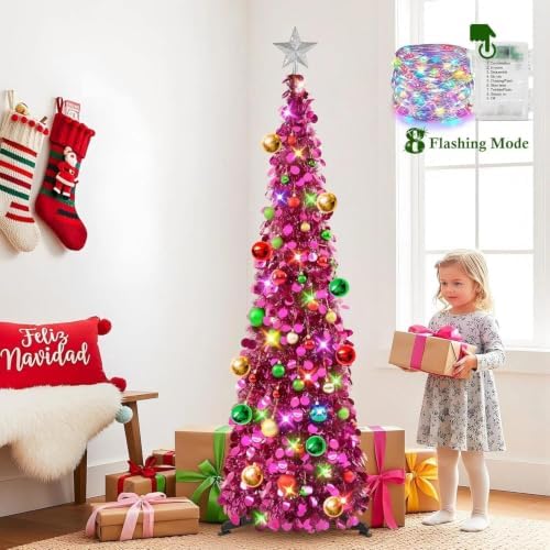 N&T NIETING Pop Up Christmas Tree with Lights & Ornaments, 5FT, Fuchsia