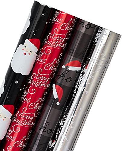 WRAPAHOLIC 30 Inch Christmas Wrapping Paper Roll - Jumbo Roll Black and Red Retro HO HO HO Santa, Silver Snowflake Holiday Collection with Metallic Foil Shine - 4 Rolls - 30 Inch x 120 Inch Per Roll