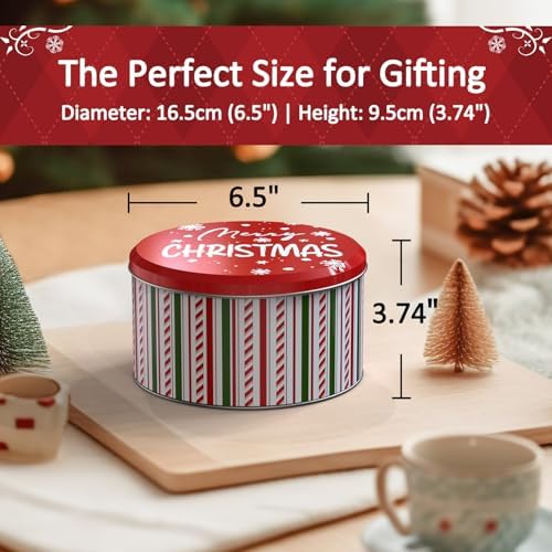 6Packs Merry Chiristmas Style Cookie Tins, Metal Empty Round Cookie Container, Cookie Tin with Lid for Christmas, Red 16.5 * 16.5 * 8.5Cm