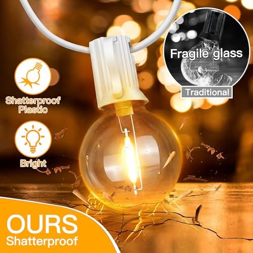 Ollny Outdoor String Lights, 100FT LED Patio Lights Waterproof White Wire
