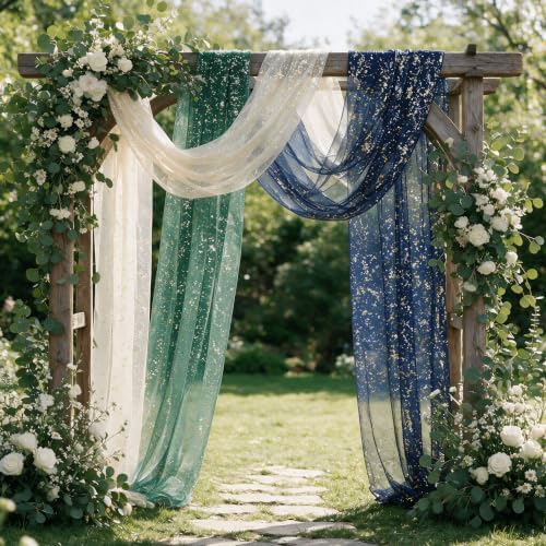 Artoid Mode 6PC Beige Green Blue Gauze Table Runner 120 Inch 10FT, Glitter Metallic Foil Sheer for Wedding Anniversary Holiday Birthday Home Party Decor