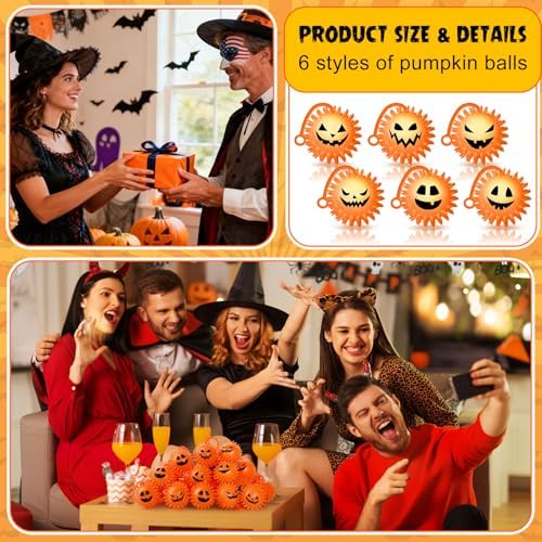 Sotiff 60 Pcs LED Halloween Bouncy Balls Spiky Squeaky Stress, Pumpkin