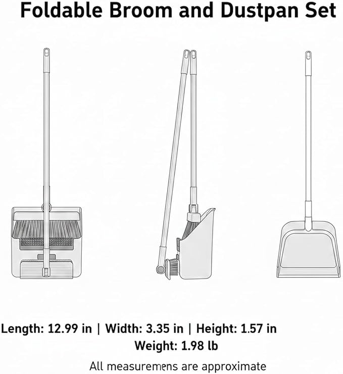Foldable Broom and Dustpan Set with Squeegee, Stainless Steel Handle for Hard Floors, Compact 1.57-Inch Storage for Kitchen and Bathroom