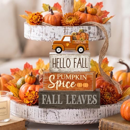 Moucuny 4 Pcs Fall Table Decor, Pumpkin Wood Block Sign Home Tray