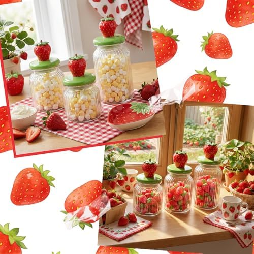 Mimorou 3 Set Strawberry Candy Glass Jars with Ceramic Lids 44oz 33oz 22oz Summer Strawberry Cookie Jars Airtight Glass Food Storage Containers for Summer Party Tea Cookie Snacks Sugar