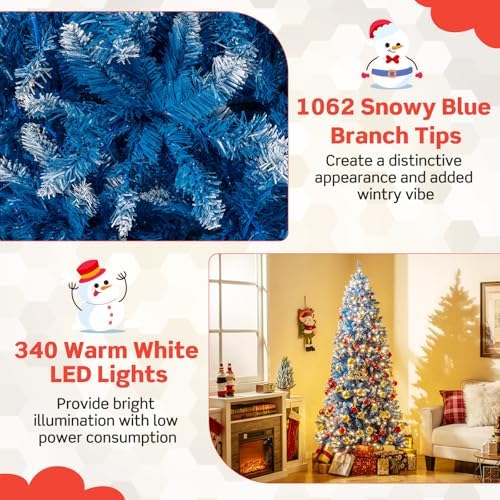 HAPPYGRILL 7 FT Pre-lit Christmas Tree Blue Hinged Artificial Xmas Tree with 340 Warm White LED Lights, 8 Modes, 1062 Frosted Branch Tips, Folding Metal Base, for Home Party Holiday
