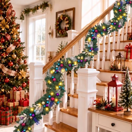 Riceshoot 6ft Peacock Christmas Garland LED Lights Purple Blue Gold Mantle