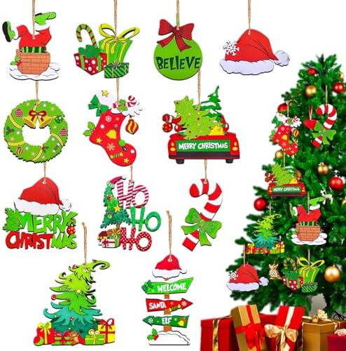 12 Piece Christmas Tree Decorations Set, Wooden Christmas Ornaments Bulk