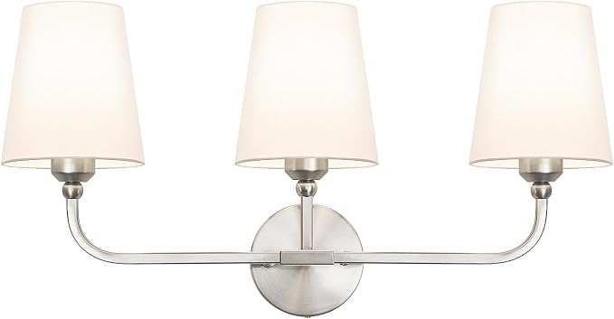 Bathroom Vanity Light, Brushed Nickel Bathroom Light Fixtures, 3-Light Lighting Fixtures Over Mirror, Modern Wall Sconce with Flared White Fabric Shade, E26 Socket(ETL Listed)