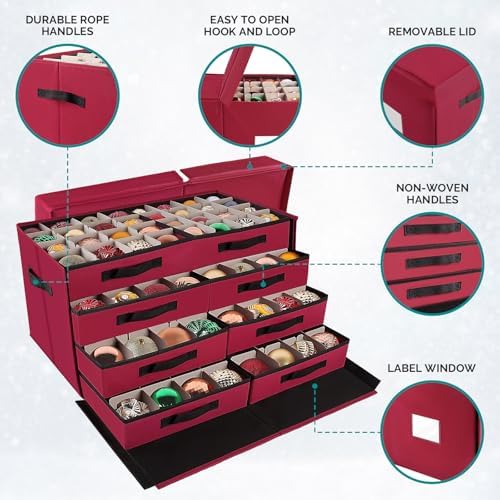 BlessedSeason Christmas Ornament Storage Box，Stackable 6 Drawer Organizers，Max 112 3" Christmas Dauble, Adjustable Christmas Ball Storage Container Bins, Red