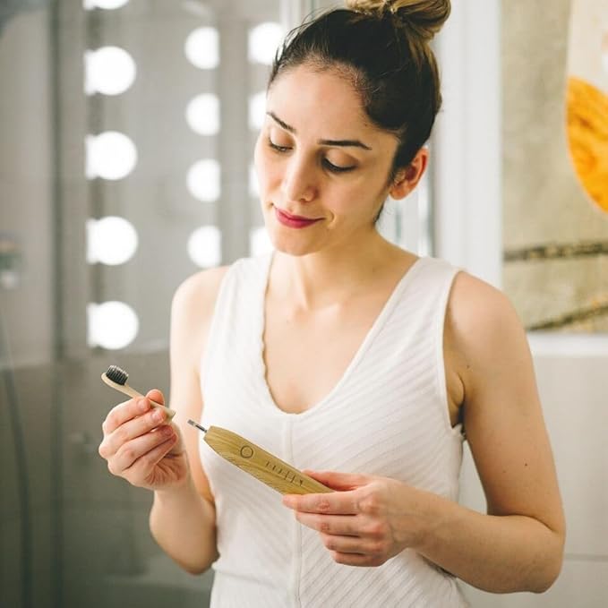 Sustainable Tomorrow Zen Bamboo Electric Toothbrush, Durable Wood-Grain ABS Handle, Rechargeable w/Plant-Based Soft Bristles, Bamboo Heads, 5 Modes & 30-Day Battery