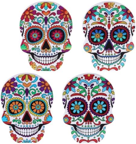 DECSPAS Day of the Dead Decor, 4 PCs Wood Block Sugar Skulls Dia De Los Muertos Decorations, Wooden Skeleton Tiered Tray Decor for Altar, Ofrenda, Home, Table, Mantle, Mexican Fiesta