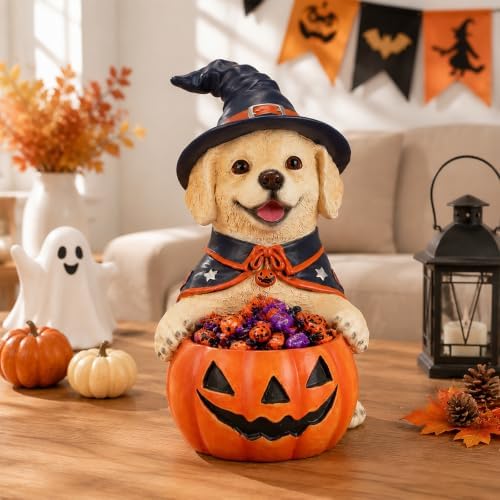 Halloween Decorations Labrador Puppy Figurine with Pumpkin Candy Bowl