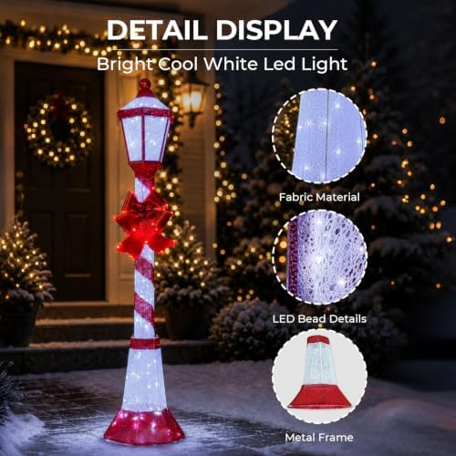 60Inch Outdoor Christmas Decorations Outdoor Lighted Lamp Post 3D Lamppost LED Lighted Display with 128 LED Lights&Bow, Holiday Decorations for Yard, Porch, Patio (2-Pack)