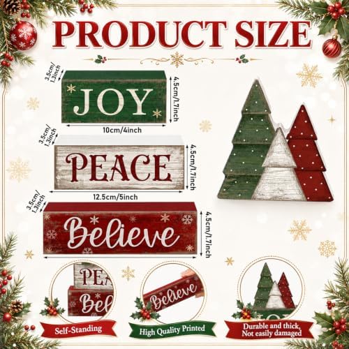 Lineshading 4 Pcs Christmas Table Decor, Wooden Tree Block Sign Home Tray