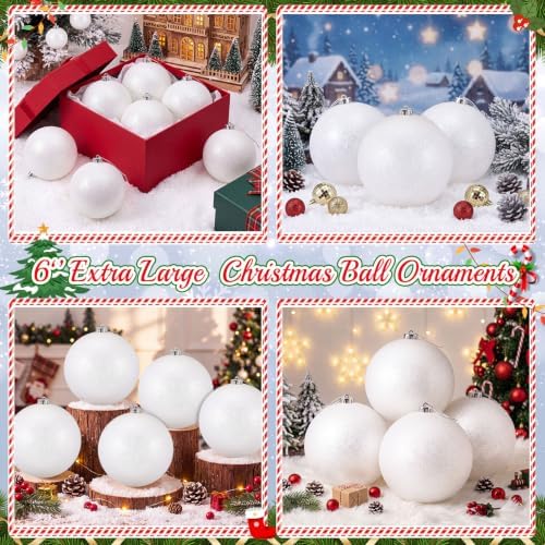 Zubebe 6 Inch 12 Pack Glitter White Christmas Ball Ornaments, Plastic Hanging Ornaments for Tree Decorations, Large Hanging Holiday Baubles for Christmas Tree Winter Party Wedding Home Decor
