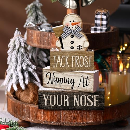 Moucuny 4 Pcs Wooden Block Signs Snowman Farmhouse Table Decoration