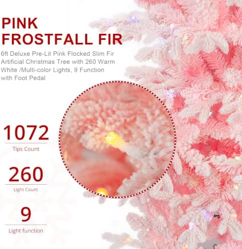 Glitzhome 6ft Prelit Artificial Christmas Tree, Slim Pink Frostfall Fir Xmas Tree with 260 Warm White & Multi-Color Lights, 1,056 PE&PVC Tips, Flocked Christmas Tree for Indoor Holiday Spaces