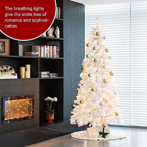 Glitzhome 8ft Pre-Lit Slim Artificial Christmas Tree, Aspen Frostfall Pine Hinged Holiday Xmas Tree with Foldable Metal Stand, 500 Warm White Lights, Ideal for Home, Office, Party Decoration