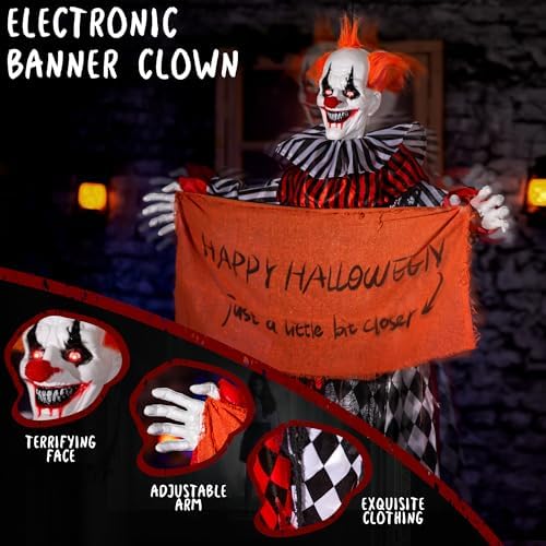 Halloween Animatronics 5ft Hanging Clown, 60inch Floating Animated Clown Decorations with Banner, Sound Activated, Creepy Voice, Light Up Eyes, Scary Move, Spooky Horror Prop for Indoor, Outdoor