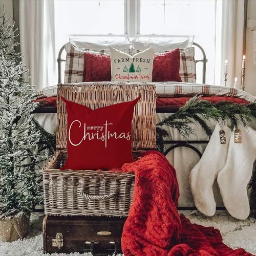 Allorry Christmas Pillow Covers Merry Christmas Throw Pillow Decorative Christmas Red Cotton Cloth Linen Cloth Pillow Cover Sofa Cover Decorative Rectangle Length 16X16 inches
