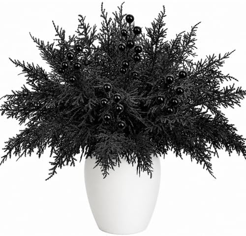 45 Pcs Halloween Black Cypress Leaf Branches, Faux Black Stems Centerpieces