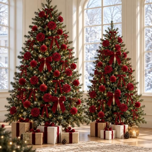 100 Pcs Velvet Rose Christmas Tree Decoration Ribbon Bow Ball Ornament Set