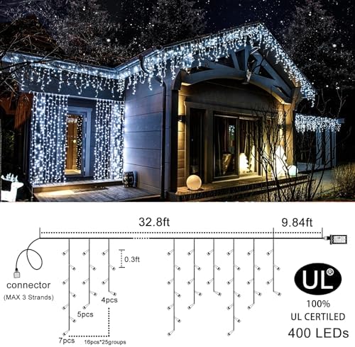 400 LED Icicle Lights for Outside 33FT White Christmas Lights Outdoor