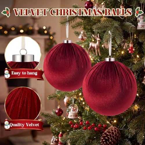 Weysat 6 PCS 8" Extra Large Velvet Christmas Ball Ornaments, Burgundy