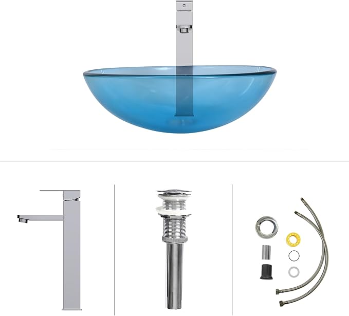 Bathroom Vessel Sink, Tempered Glass Vanity Round Bowl, Clear Blue | Chrome Faucet, Pop Up Drain, Above Counter, Easy Clean