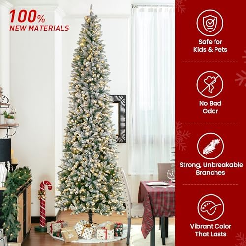 Glitzhome 11ft Prelit Artificial Christmas Tree, Snowy Splendor Fir Hinged Pencil Christmas Tree Holiday Decoration with 950 Warm White Lights and Foldable Metal Stand, Easy Assembly